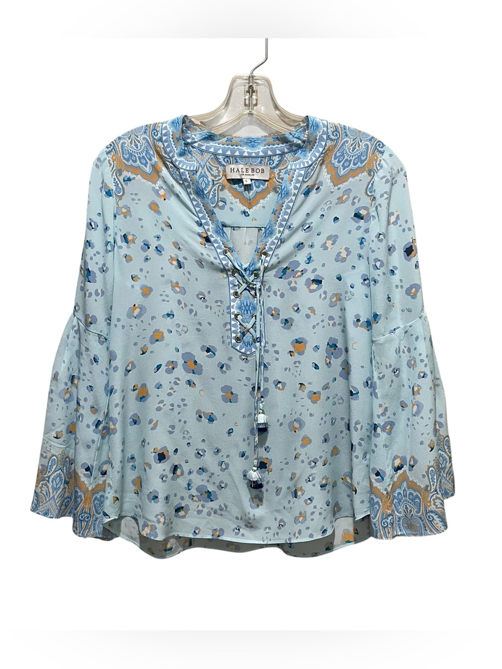Hale Bob Silk Blouse Blue Leopard Paisley Women’s Size Small Lace Up Bell Sleeve